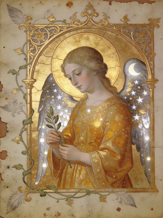 Echtes Schutzengel-Portrait im illuminierten Stil — goldener Engel mit Heiligenschein